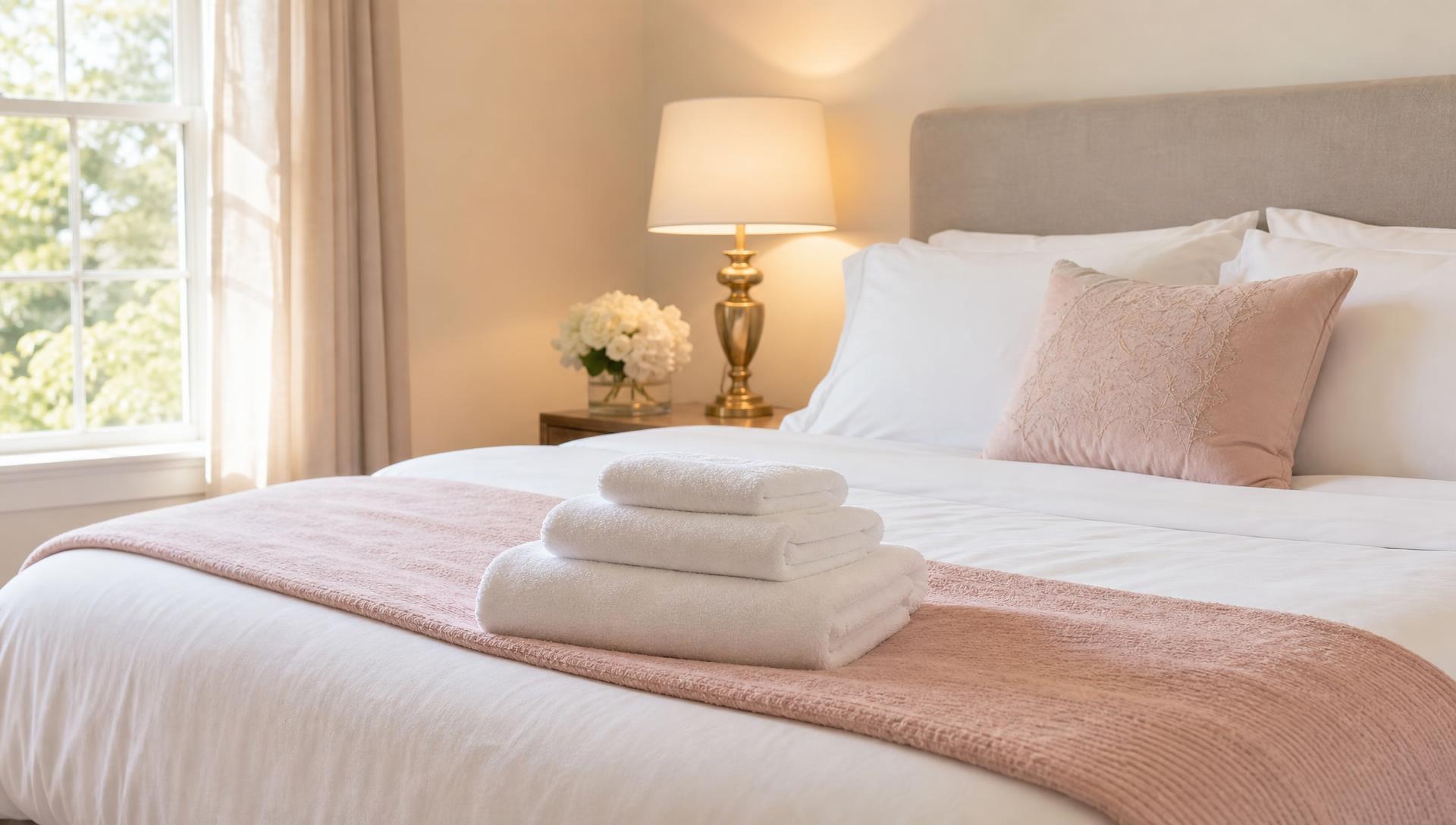 Freshly made bed with a stack of folded white towels in a bright bedroom