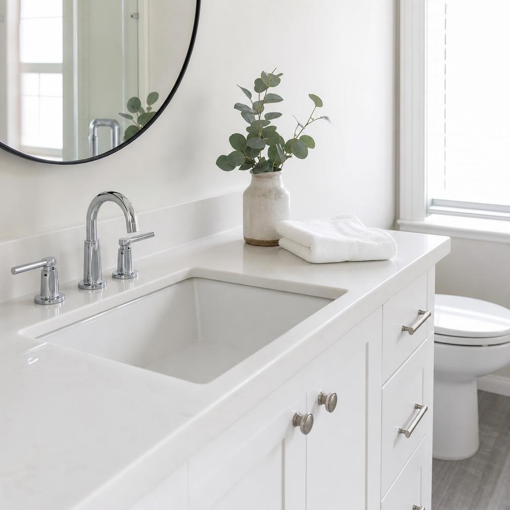 Spotless white bathroom vanity with polished chrome faucet and folded towel
