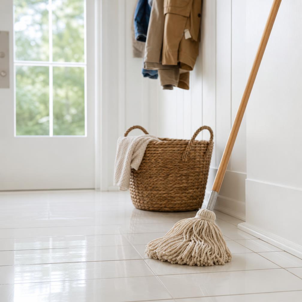 Cotton string mop resting in a bright mudroom with freshly mopped tile