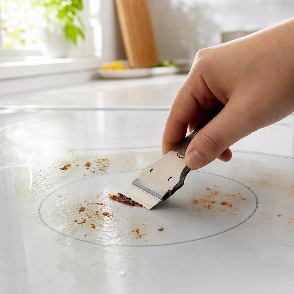 Glass scraper lifting residue from a white ceramic stovetop