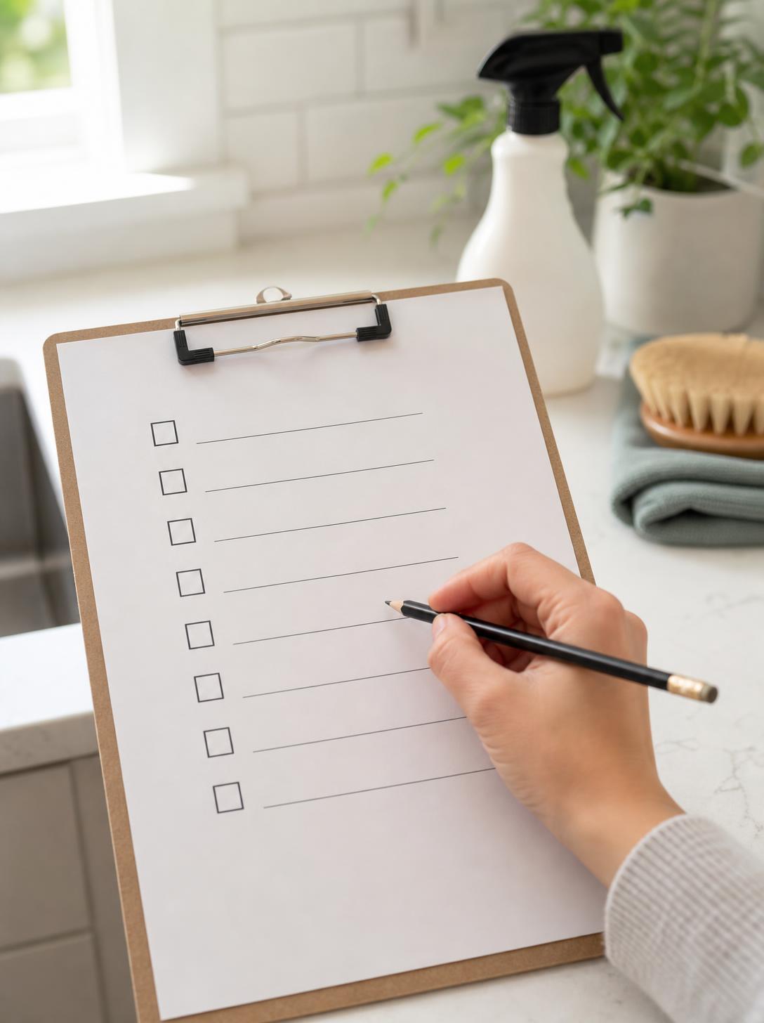 Hand holding a pencil over a cleaning checklist on a clipboard